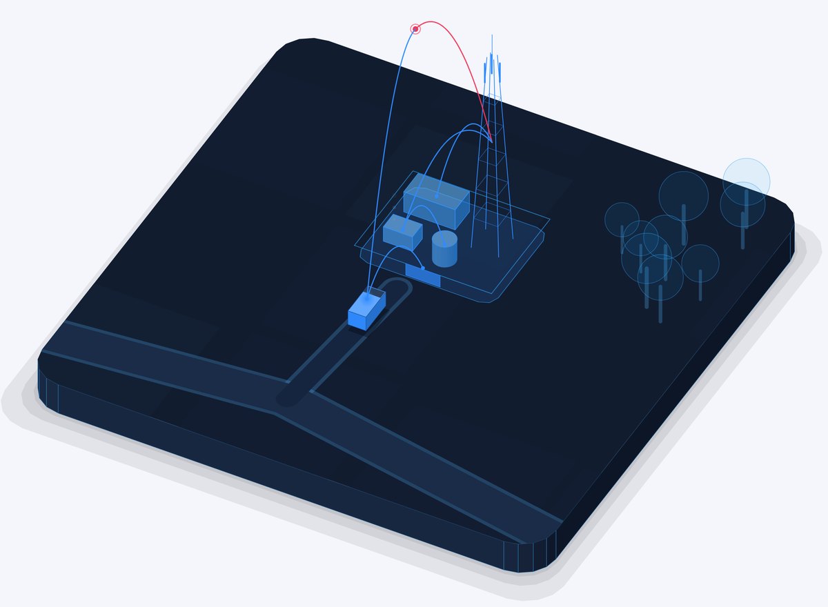 Illustration of a digital twin of one tower site: the mast, its equipment cabin and the access road